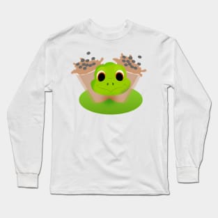 Milk tea boba and green dinosaur head Long Sleeve T-Shirt